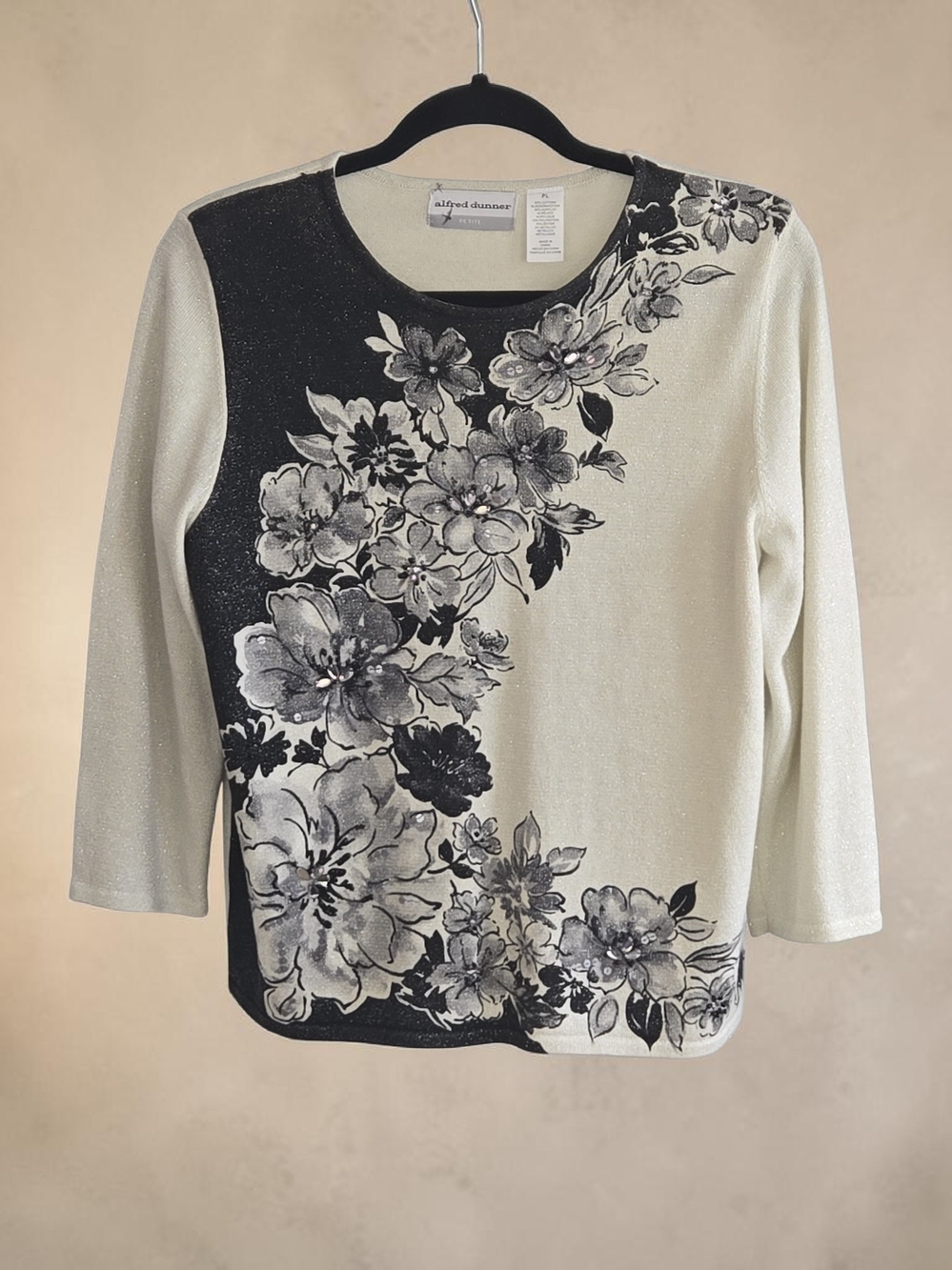 Alfred Dunner Ivory and Black Floral Accent Knit Top